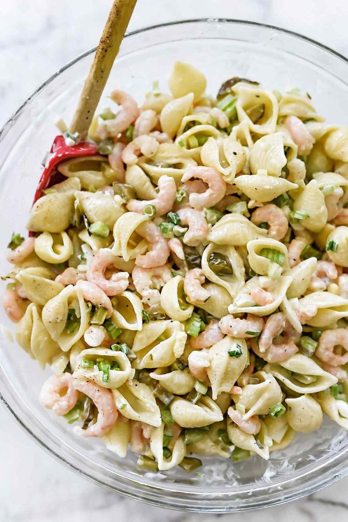 Classic Bay Shrimp Pasta Salad with homemade light dressing | foodiecrush.com