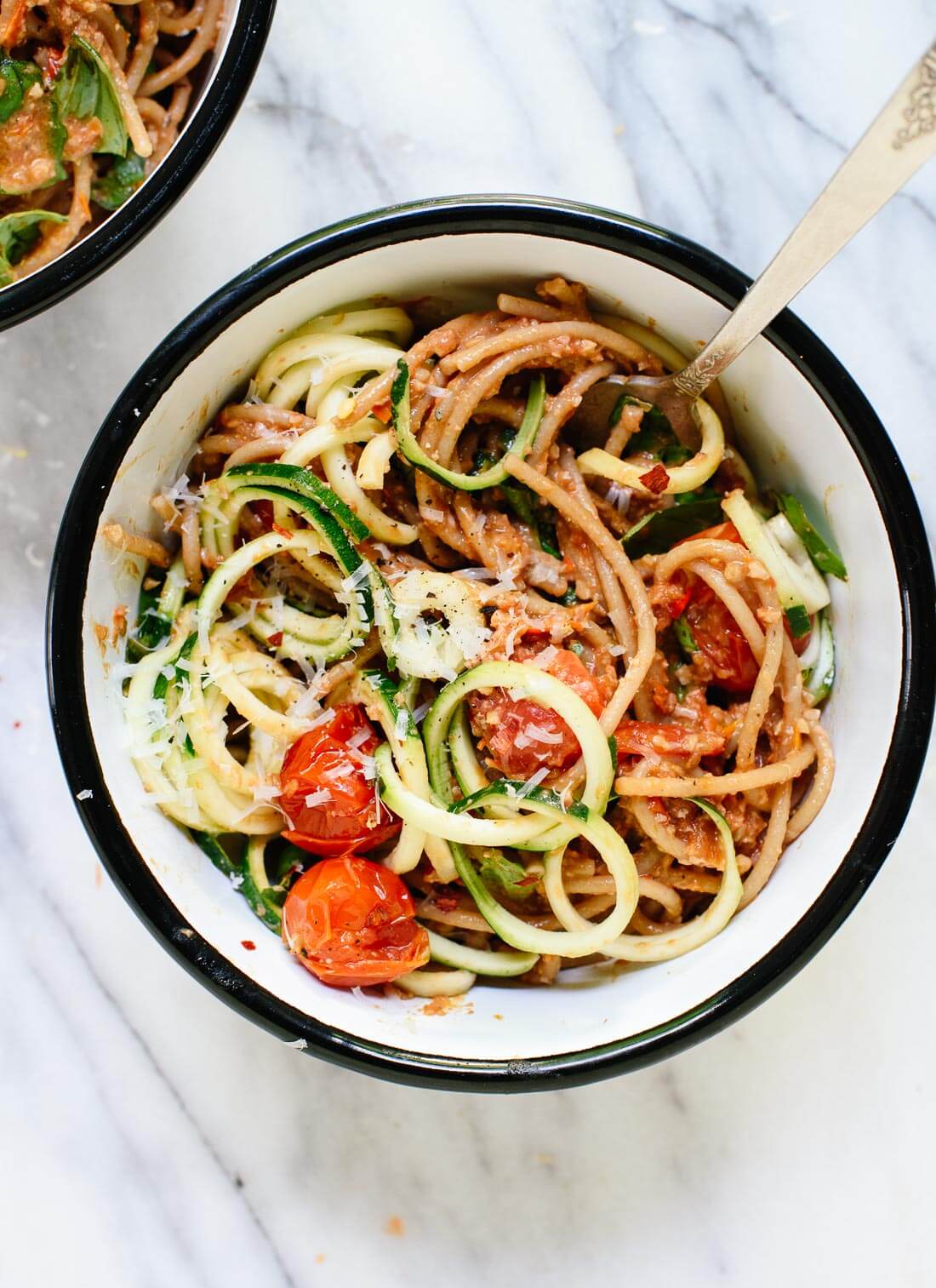Double Tomato Pesto Spaghetti with Zucchini Noodles from cookieandkate.com on foodiecrush.com