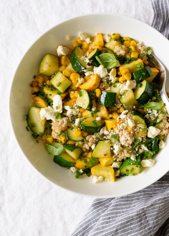 Summer Squash Grain Salad with Corn and Feta from forkknifeswoon.com on foodiecrush.com