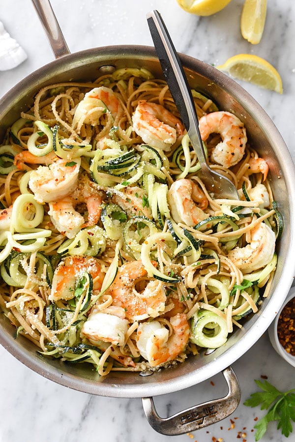 Whole Wheat Linguine and Zucchini Noodles with Shrimp from FoodieCrush