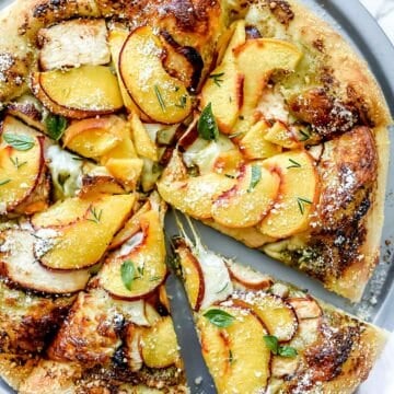Pesto Pizza with Balsamic Chicken and Peaches | foodiecrush.com