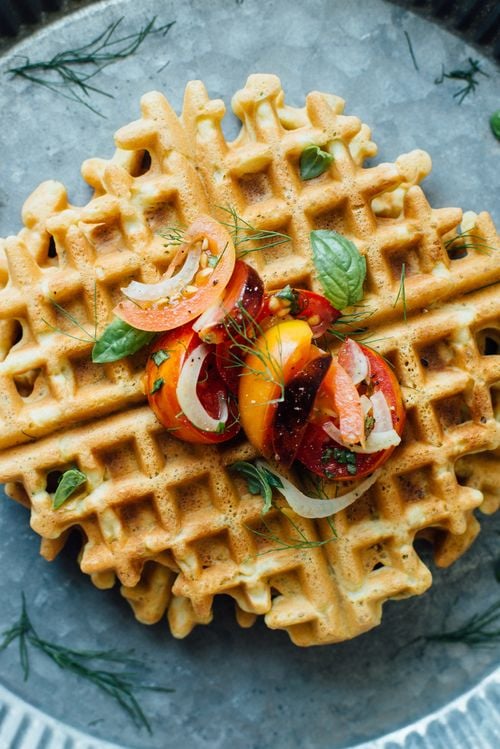Zucchini-Basil Chickpea Waffles with Tomato and Shaved Fennel Salad from dollyandoatmeal.com on foodiecrush.com