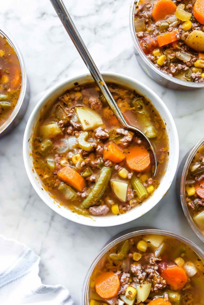 bowls of ground beef vegetable soup