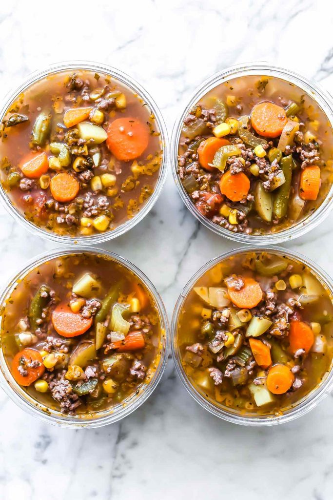 hamburger soup in four glass jars