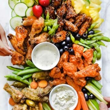 How to Make a Game-Day 4-Way Baked Chicken Wing Platter | foodiecrush.com #football #appetizer #chicken #wings #platter #board