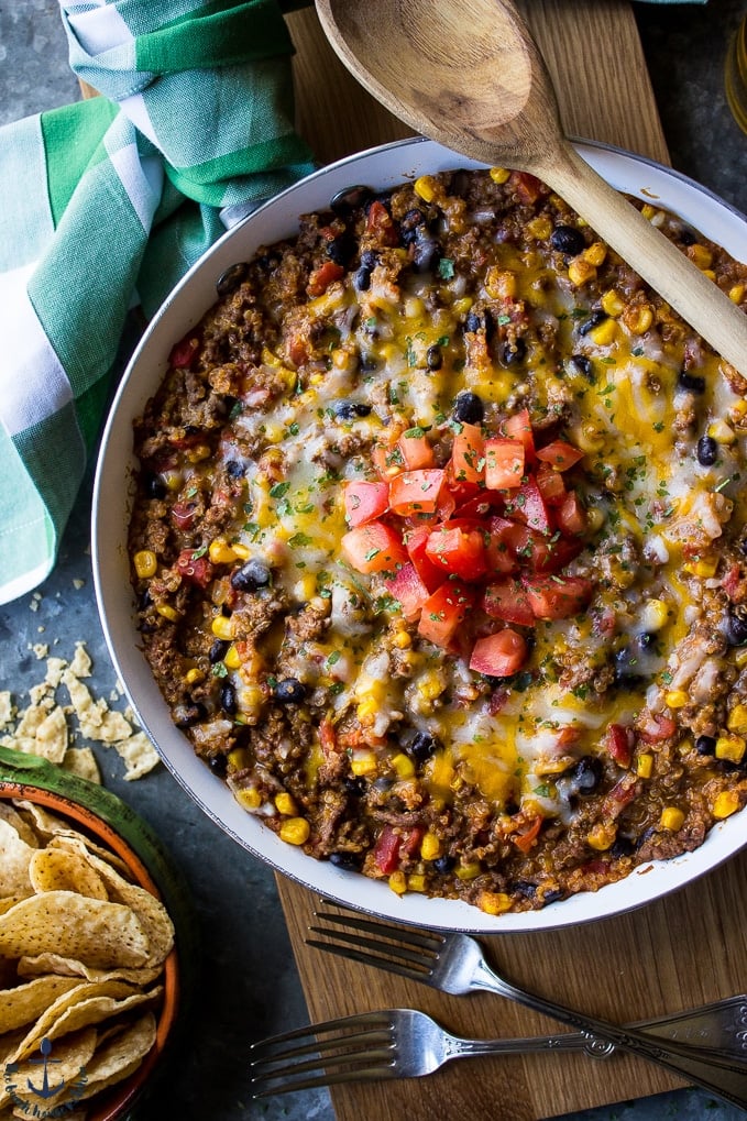 Beef and Quinoa Enchilada Skillet from thebeachhousekitchen.com on foodiecrush.com