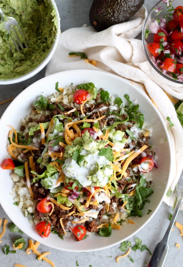 Ground Beef Recipes Burrito Bowls with Cilantro Lime Cauliflower Rice from spicesinmydna.com on foodiecrush.com