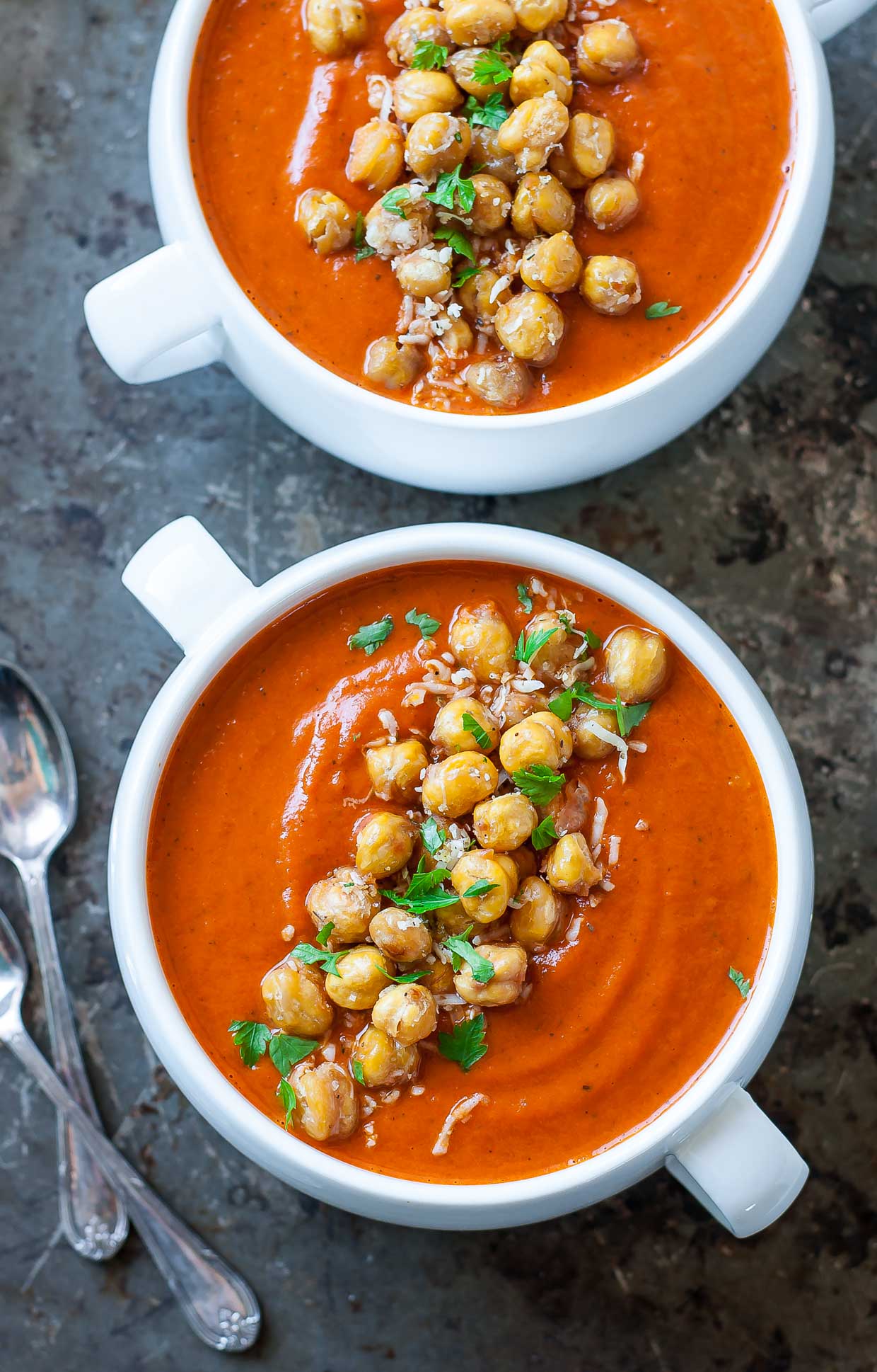 Instant Pot Creamy Tomato Soup with Crispy Parmesan Chickpeas from peasandcrayons.com on foodiecrush.com