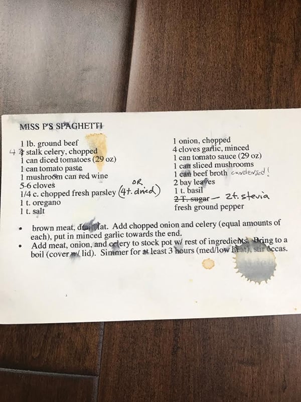 stained spaghetti recipe card