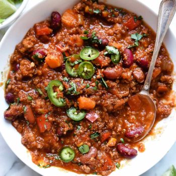 Slow Cooker Turkey and Sweet Potato Chili with Quinoa | foodiecrush.com #slowcooker #turkey #chili #recipes #turkeychili #sweetpotato #quinoa #instantpot #crockpot