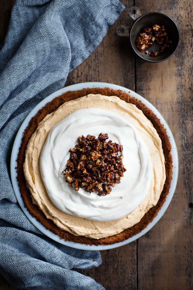 Almost No-Bake Pumpkin Cheesecake Mousse Pie from snixykitchen.com on foodiecrush.com