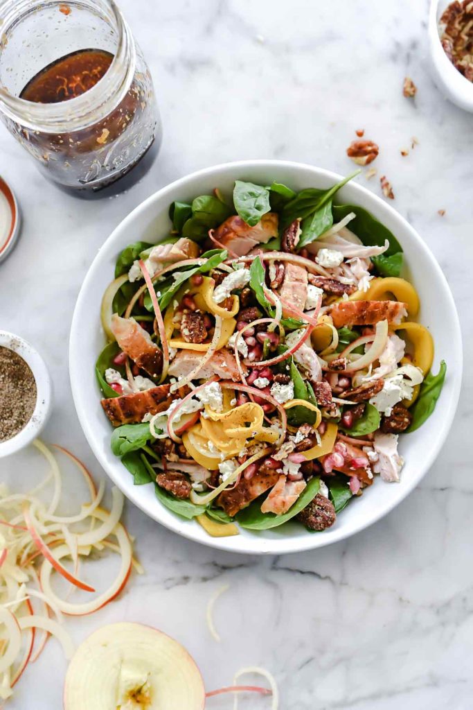 Spinach Salad with Turkey and Spiralized Apples and Butternut Squash | foodiecrush.com #spinach #salad #turkey #recipes #dinner