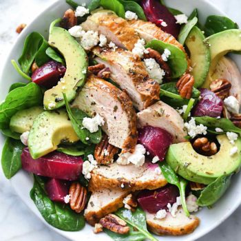 Roasted Beet, Avocado and Goat Cheese Spinach Salad with Chicken | foodiecrush.com #spinach #salad #beets #chicken #avocado