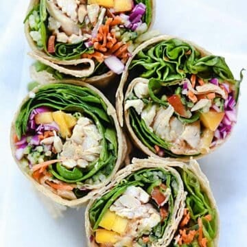 Chicken and Mango Rainbow Veggie Wraps | foodiecrush.com #lunch #wrap #easy #recipes