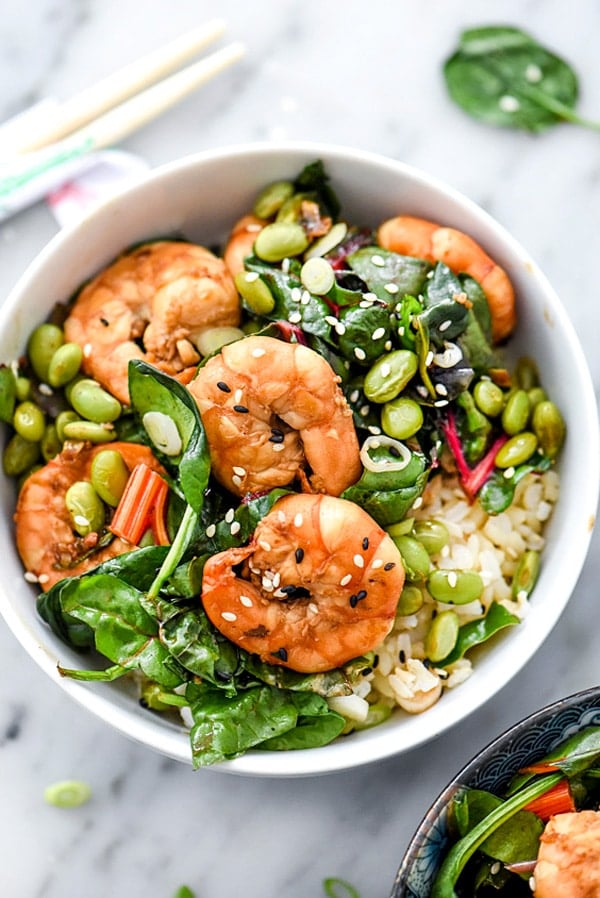 Sesame Shrimp with Asian Greens Rice Bowl from foodiecrush.com on foodiecrush.com