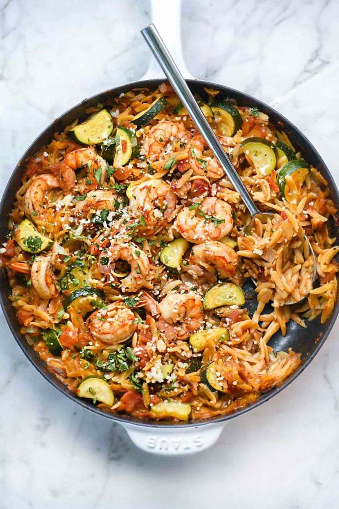 One Pot Mexican Shrimp With Orzo And Zucchini Foodiecrush Com