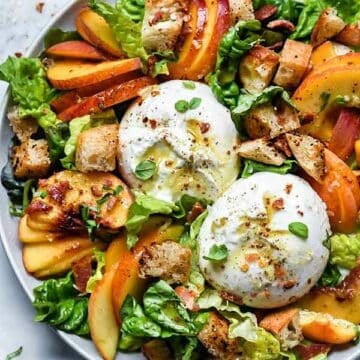 Peach Panzanella Salad with Burrata and Bacon | foodiecrush.com #salad #recipes #peach #bacon #burrata