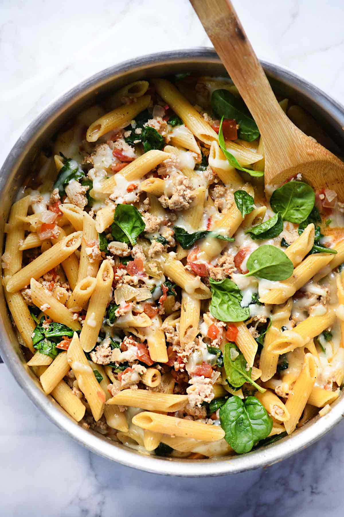 One-Pot Pasta with Ground Turkey & Spinach - foodiecrush