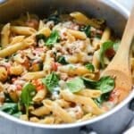 One-Pot Penne Pasta with Turkey and Spinach | foodiecrush.com #recipes #pasta #penne #healthy #onepot #turkey