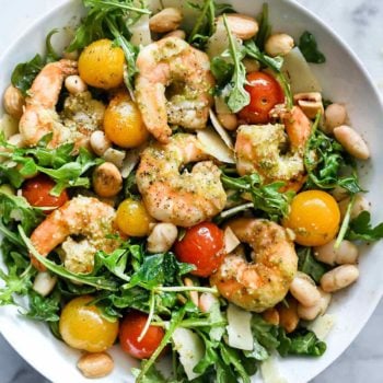 Arugula Salad with Pesto Shrimp, Parmesan and White Beans | foodiecrush.com