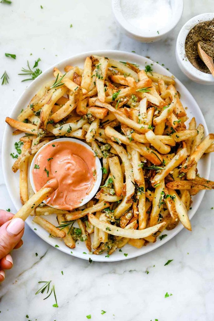 Killer Garlic Fries with Rosemary | foodiecrush.com #fries #frenchfries #garlic #recipes