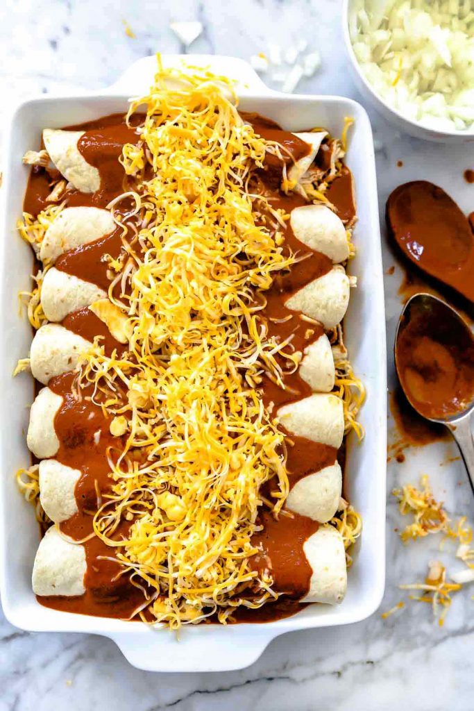 Easy Chicken Mole Enchiladas | foodiecrush.com #enchiladas #easy #chicken #mole #recipes
