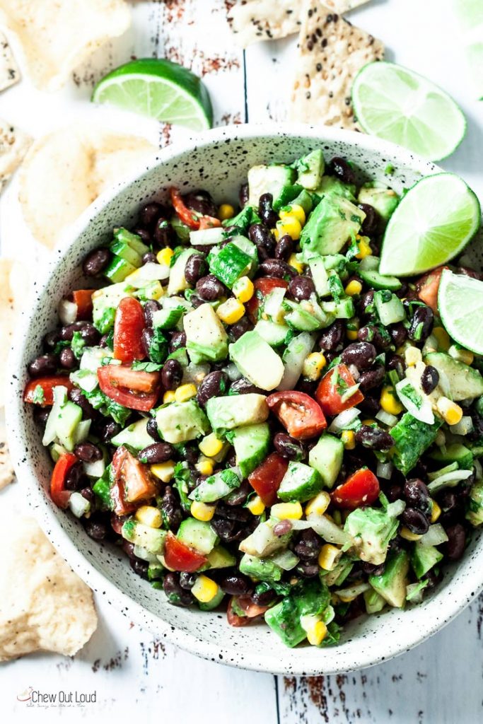 Avocado Black Bean Corn Salad with Lime Dressing from chewoutloud.com on foodiecrush.com