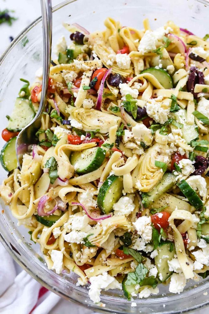 Greek Pasta Salad with Cucumbers and Artichoke Hearts from foodiecrush.com on foodiecrush.com