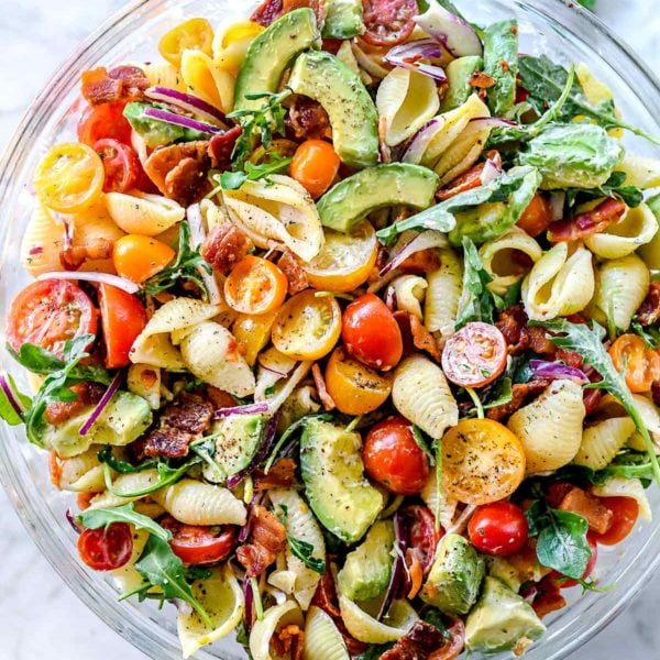BLT Pasta Salad with Avocado | foodiecrush.com #pasta #salad #BLT #bacon #tomato #avocado #recipes