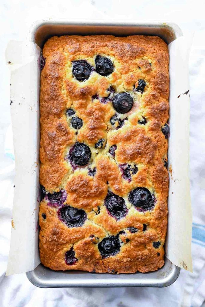 oatmeal blueberry bread in loaf pan