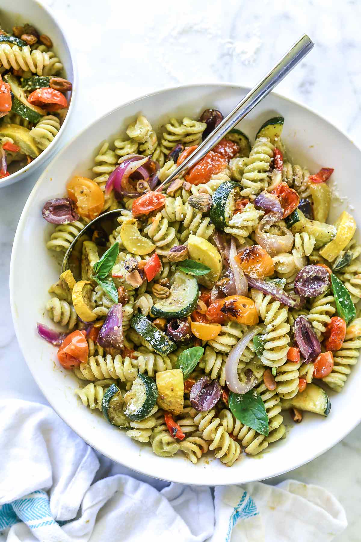 Creamy Avocado Pesto Pasta Salad with Roasted Vegetables - foodiecrush .com