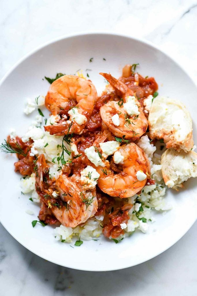 Saucy Baked Greek Shrimp with Lemon Rice | foodiecrush.com