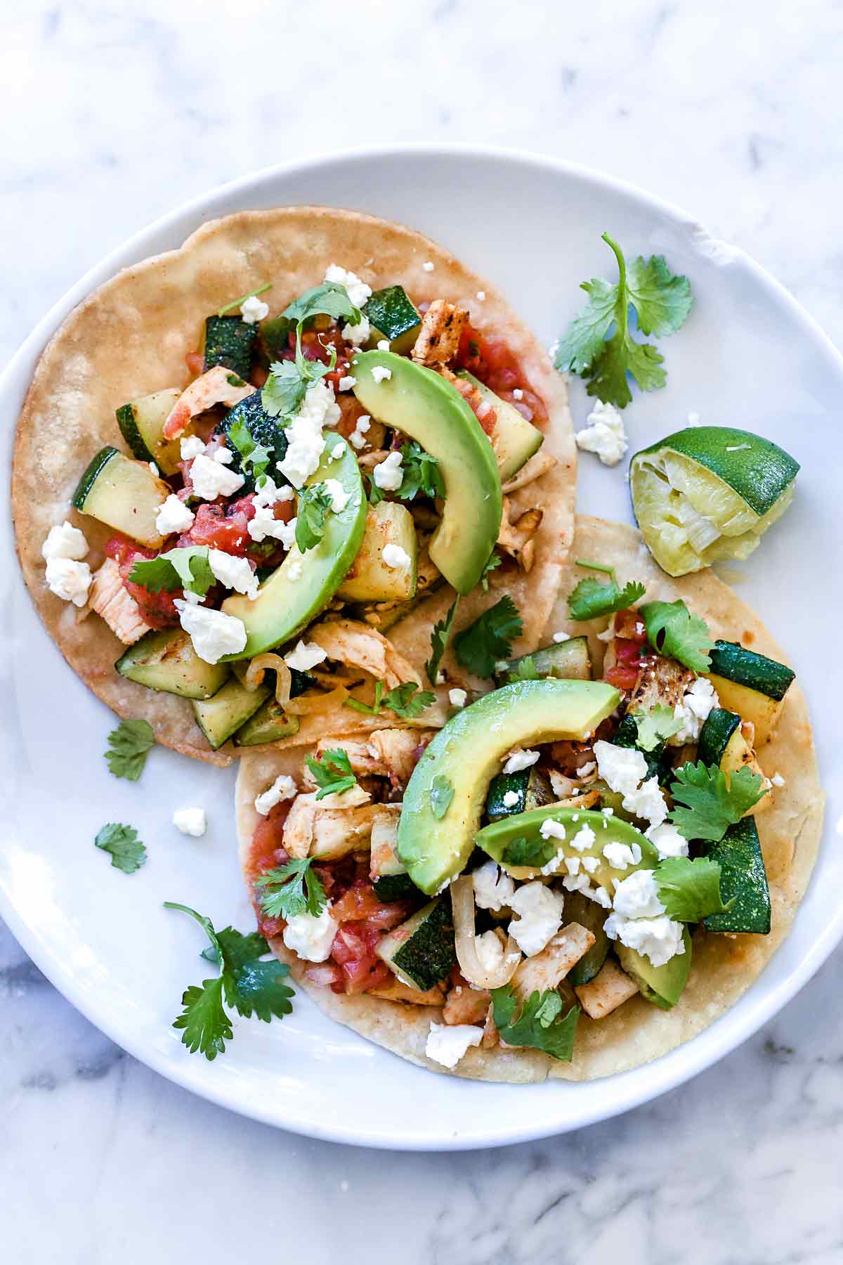 Shredded Chicken and Zucchini Tacos | foodiecrush.com #chicken #dinner #tacos #recipes #avocado #zucchini