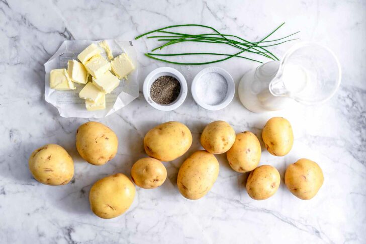 Ingredients for The Best Creamy Mashed Potatoes | foodiecrush.com #mashed #potatoes #butter #cream #chives