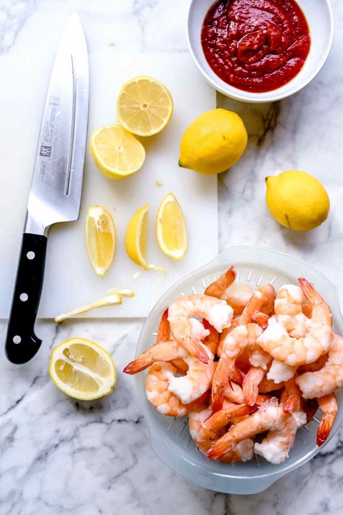 Frozen shrimp thawed for shrimp cocktail | foodiecrush.com
