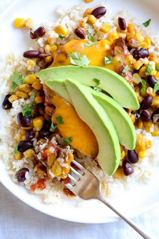 Slow Cooker Salsa Chicken with Black Beans and Corn from Skinnytaste on foodiecrush.com
