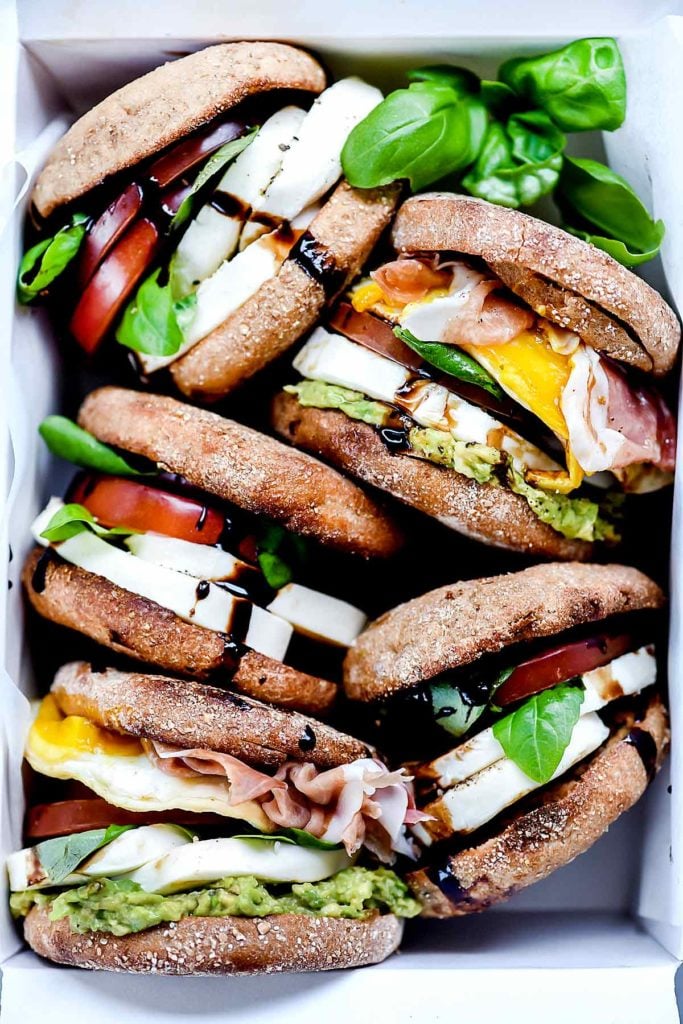 Healthy Caprese Breakfast Sandwiches | foodiecrush.com #healthy #breakfast #sandwich #caprese #englishmuffin