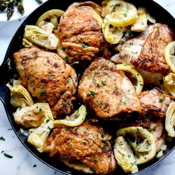 Lemon Chicken Thighs with Artichokes | foodiecrush.com #chicken #dinner #thighs #recipes #artichoke #healthy #easy #skillet