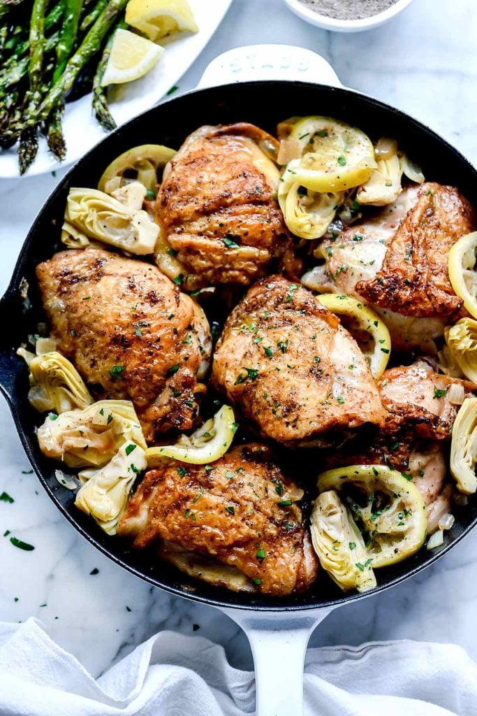 Lemon Chicken Thighs with Artichokes | foodiecrush.com #chicken #dinner #thighs #recipes #artichoke #healthy #easy #skillet