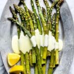 Roasted Asparagus with Blender Hollandaise | foodiecrush.com #hollandaise #egg #asparagus