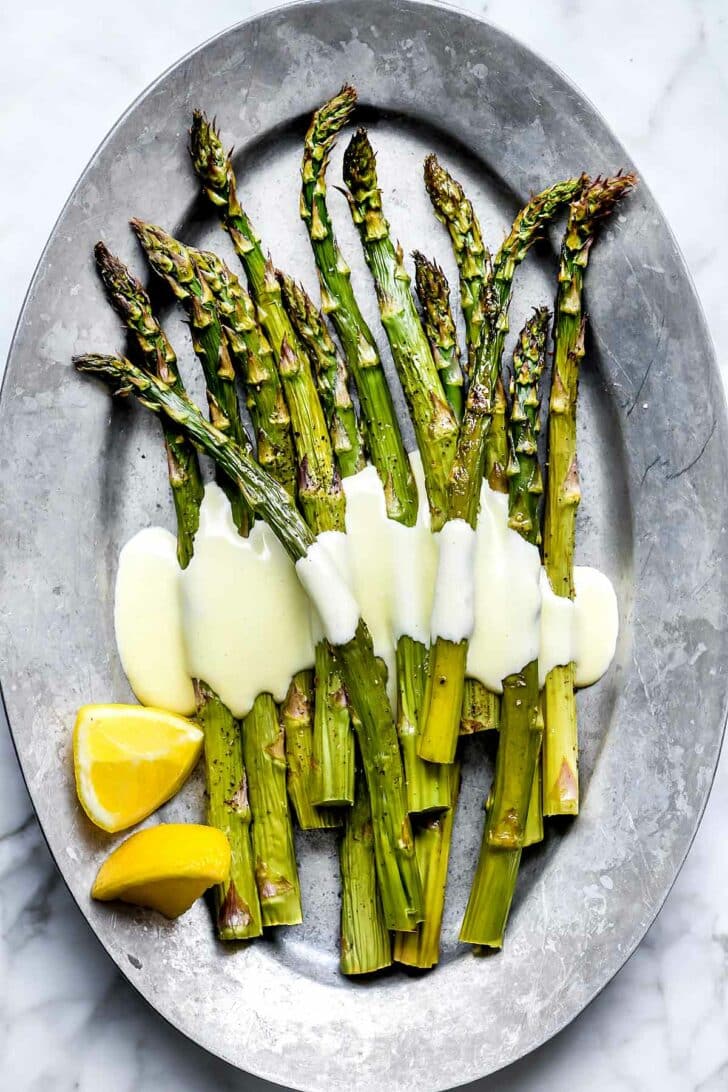 Roasted Asparagus Recipe with Blender Hollandaise | foodiecrush.com #hollandaise #egg #asparagus