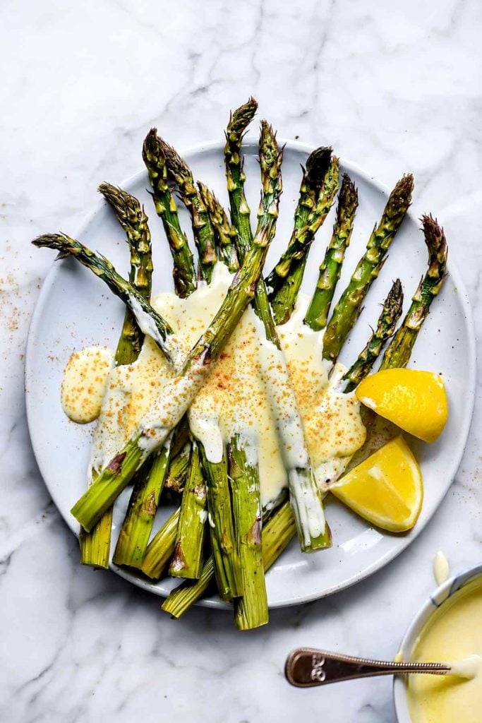 Asparagus with Blender Hollandaise | foodiecrush.com #hollandaise #egg #asparagus