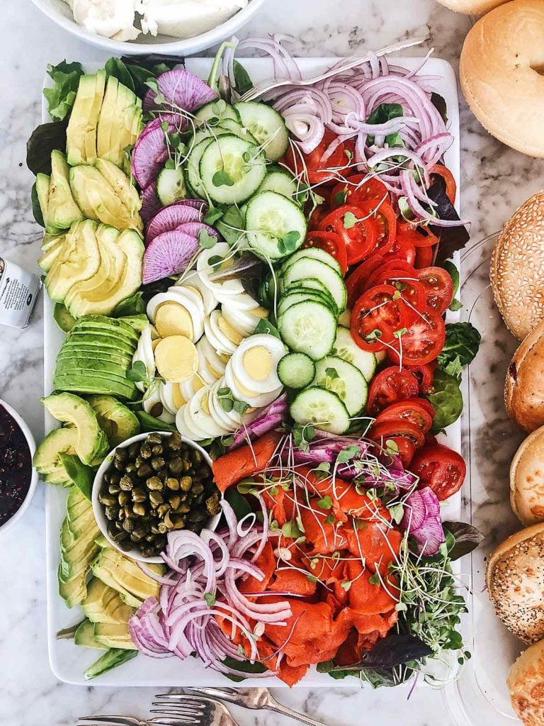 Bagels and Lox DIY Brunch Bar foodiecrush.com #bagels #lox #brunch #ideas #party #bridalshower #breakfast #buildyourown