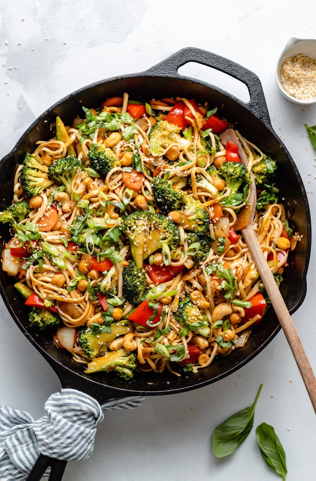 30 Minute Vegan Stir Fry Sesame Noodles with Chickpeas & Basil from ambitiouskitchen.com on foodiecrush.com