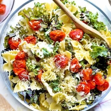 Easy Kale Caesar Pasta Salad | foodiecrush.com #pasta #salad #easy #recipes