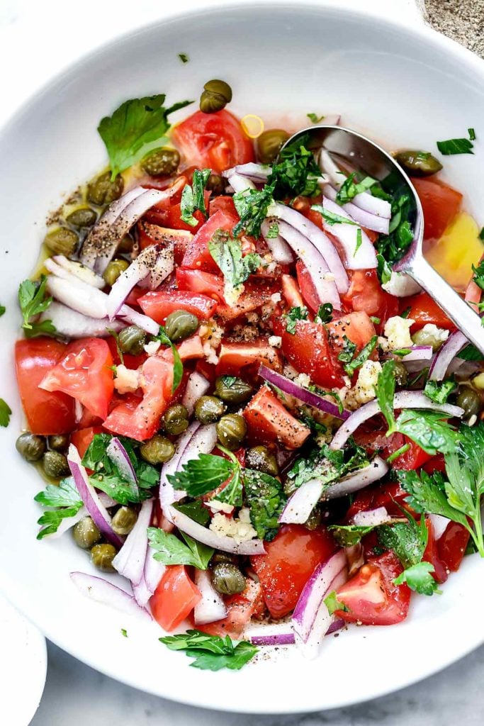 Mediterranean Tomato Salad | foodiecrush.com #recipes #tomato #salad #parsley #capers