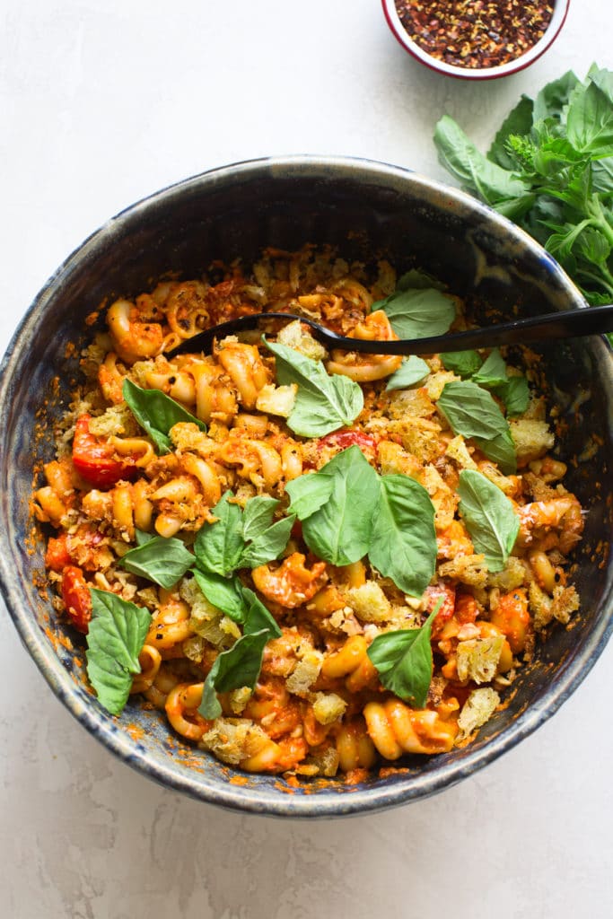 Roasted Red Pepper Pasta Salad with Tomatoes, Basil and Walnuts from Kitchen Konfidence on foodiecrush.com