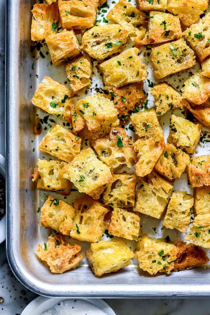 How to Make Homemade Croutons | foodiecrush.com #garlic #homemade #croutons #easy #recipe #frombread