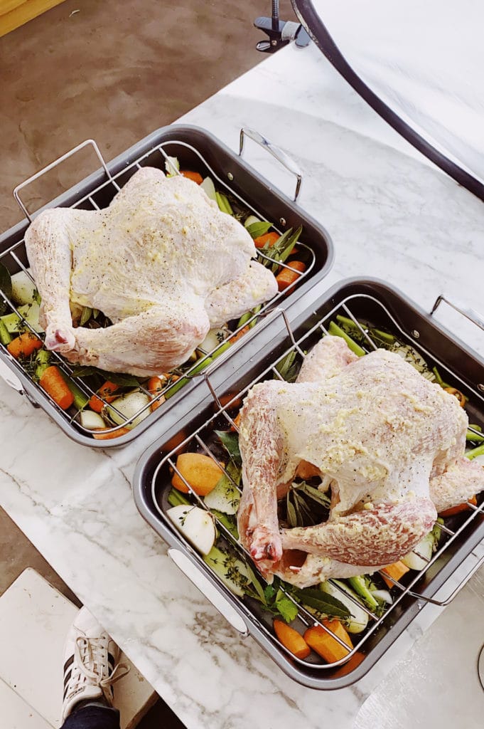 Turkeys on roasting pans photo shoot FoodieCrush.com