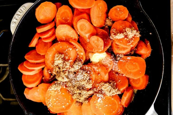 Glazed Carrots in a pan foodiecrush.com #carrots #sidedish #easy #brownsugar #recipe #stovetop
